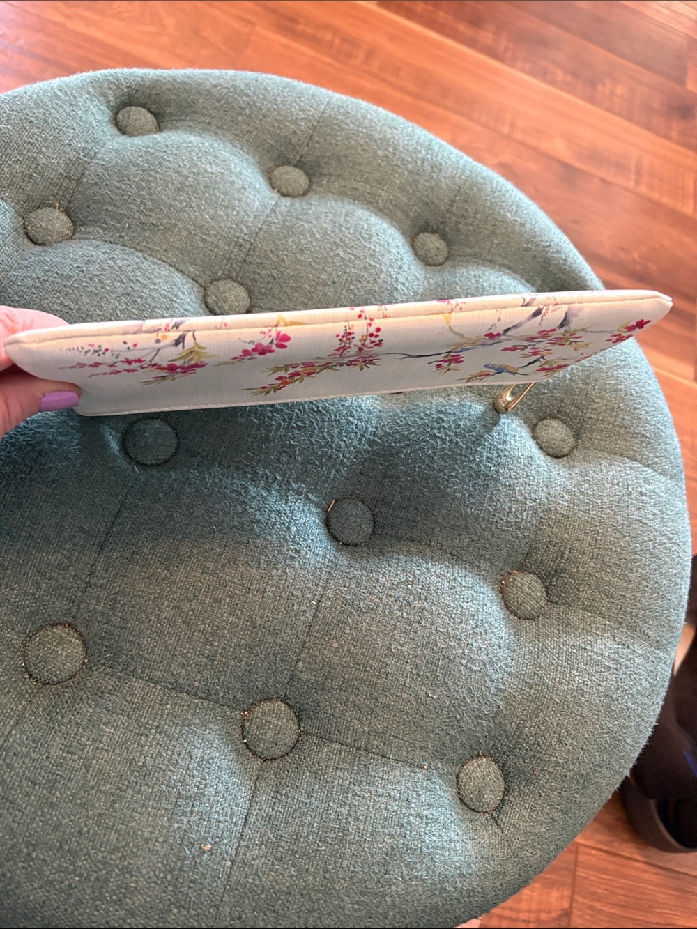 Floral Bird Canvas Zip Pouch - Cream with Pink Accents - Picture 3 of 7